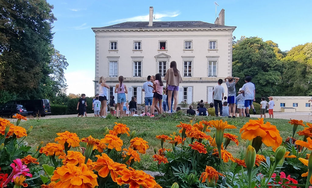 Chateau vu de devant avec fleurs oranges
